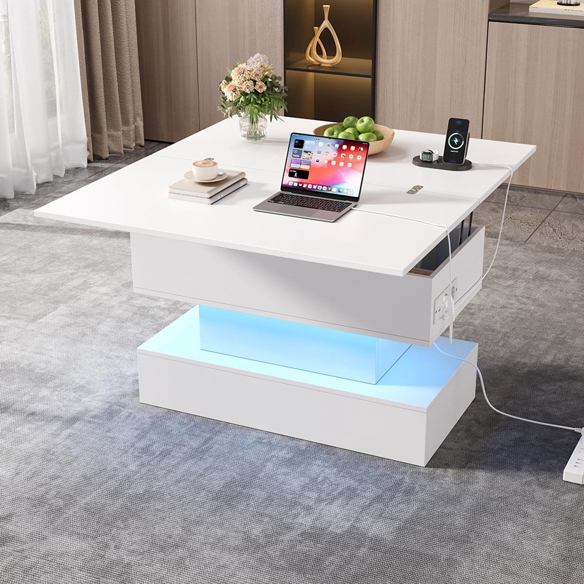 KOMHTOM Salontafel - 100x50x51,5 cm - Met stopcontact - USB-C - USB-oplaadpoort - LED-verlichting - Opklapbaar - In hoogte verstelbaar - Multifunctioneel - Opbergruimte - Bijzettafel - Eettafel - Wit