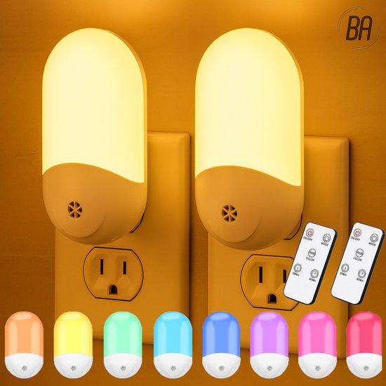Twee nachtlampjes in de kleur wit met een warm witte gloed en opties voor RGB-kleuren, inclusief afstandsbedieningen.