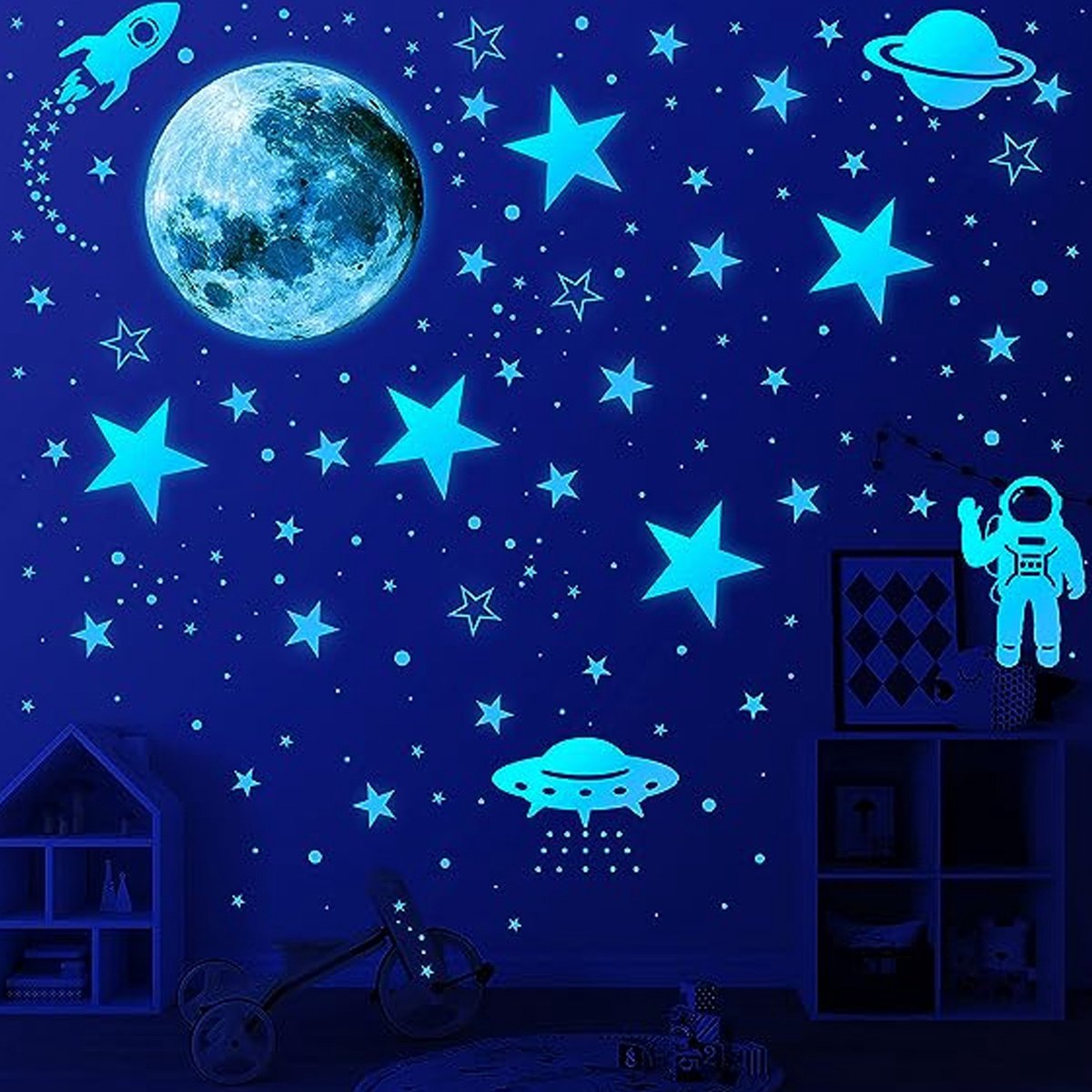 JeiibrZui Sprankelende Nachthemel - Glow In The Dark Sterren Voor Kinderkamer - Lichtgevende Plafondstickers Met Planeten En Raketten - 2 Set - Kinderkamer Decoratie Blauw
