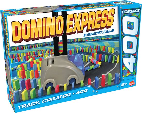 Doos met 'Domino Express Essentials Track Creator +400' dominos. Grijze "auto" met blauwe cabine en 400 kleurrijke dominos.