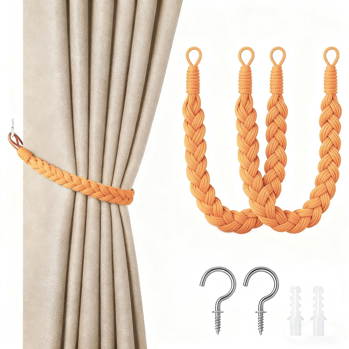 2-pack gordijnbanden - 60cm gordijnkoordgesp - handgeweven gordijnbanden - gedraaide gordijnbanden - met haken - geschikt voor thuis, kantoor, woonkamer, slaapkamer