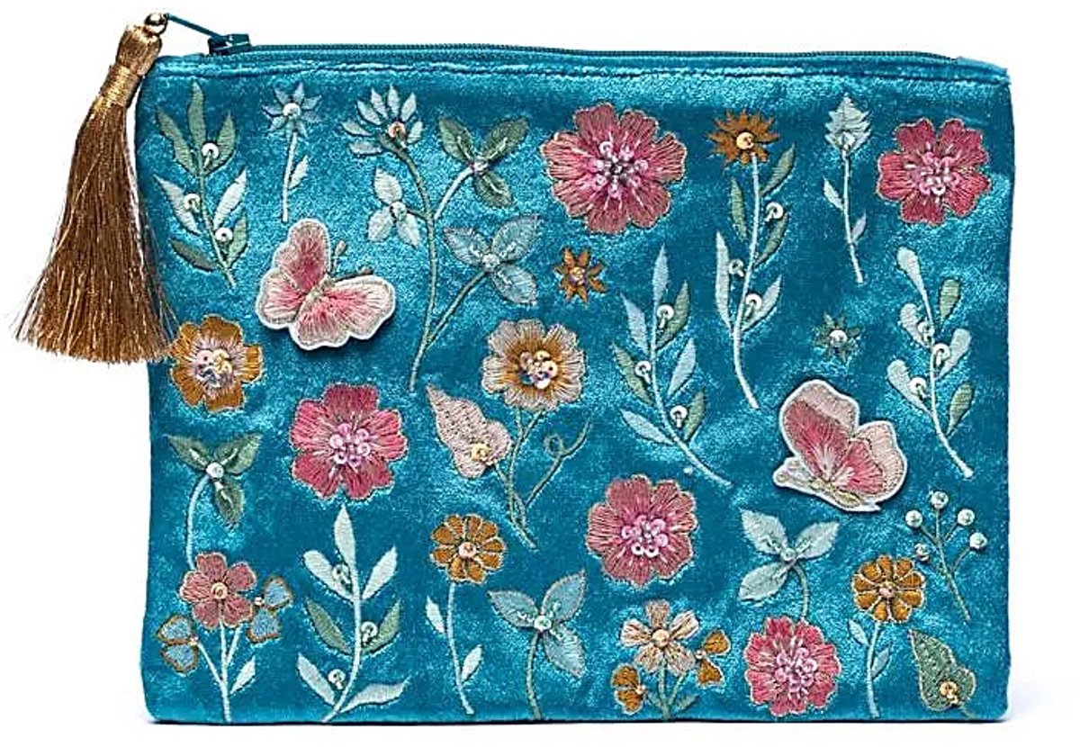 Fluwelen Etui Met Ritssluiting Blauw Met Bloemen - 20x15 Cm - 20x15 cm