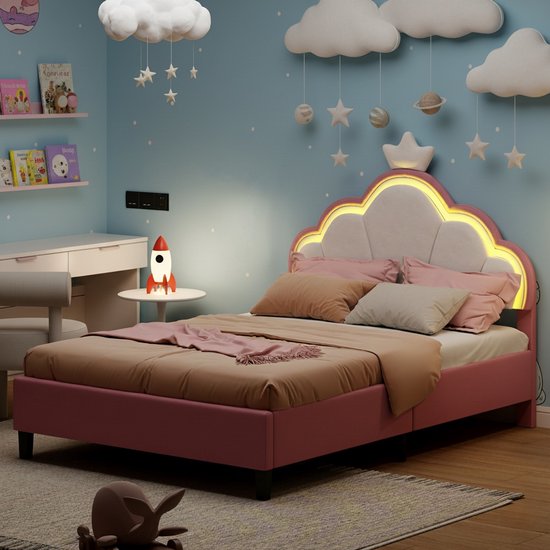 Lits simples 90x200 cm, chambre Lit enfant, Tête de lit réglable en forme de nuage Couronne, Bande lumineuse LED RGB intelligente contrôlée par application avec plus de 6000 couleurs, Lit rembourré - rose