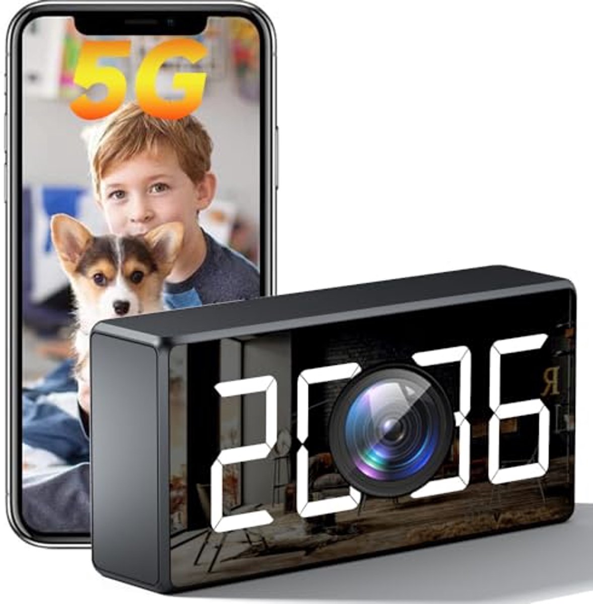 USBRMT 4K WiFi-cameraklok 5G Indoor Bewakingscamera Nanny Cam voor babyfoon, hondencamera met bewegingsdetectie, nachtzicht