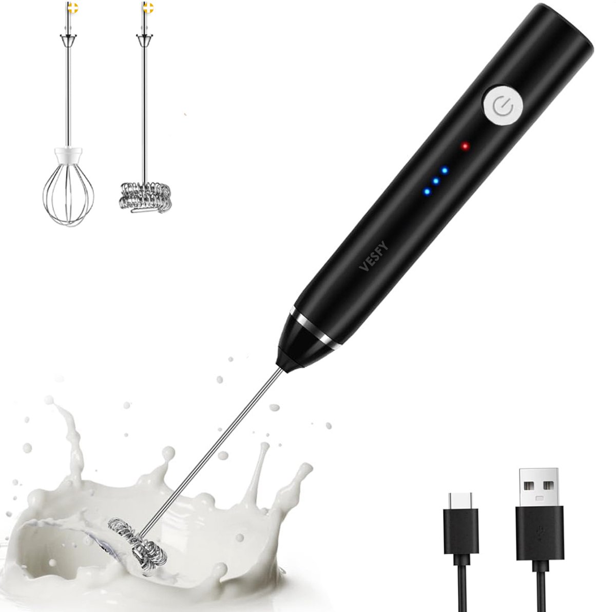Vesfy Elektrische Melkopschuimer – USB Oplaadbaar – Krachtig & Snel – 3 Snelheden – Perfect Melkschuim voor Cappuccino & Latte