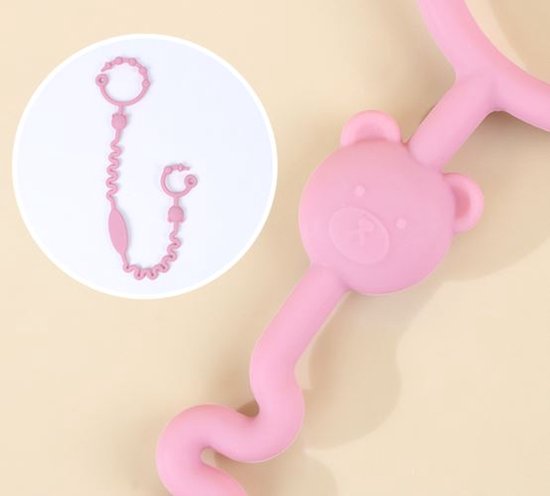 Verstelbare bandjes - Ketting - Koord - Silicone - rekbare veiligheidsriempjes voor speelgoed - Aan de kinderwagen - Kinderstoel - Autostoel - Anti weggooi - Bekercatcher - Baby - 40cm - Beer - Set van drie bandjes - Blauw Bruin en Rose van Briljant Baby — afbeelding 4