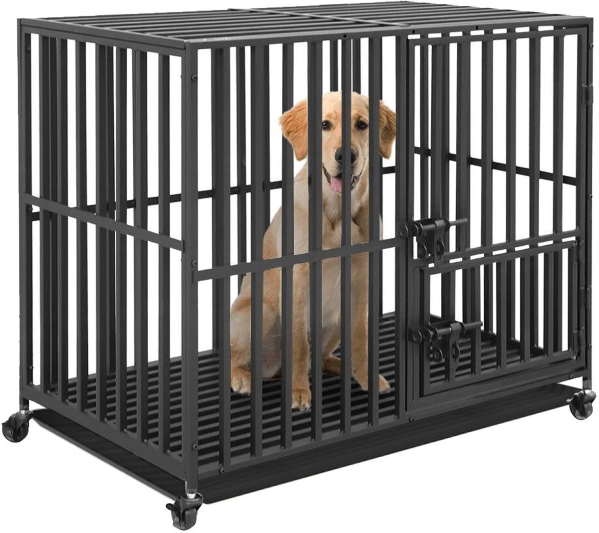 NaevaMi Metalen Bench - bench hond - Extra Sterk - Metalen Bench - Hondenkooi - Binnen/Buiten - Voor Grote Honden - Verwijderbare Lade - Kennel - 4 Wielen - Zwart - Ca. 100kg - 95x57x81cm