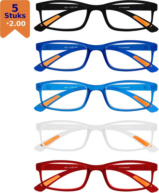 Amazotti Milano Leesbrillen +2.00 – Leesbril met sterkte – Trendy Italiaans Design – Dames en Heren – Kunststof – Set van 5
