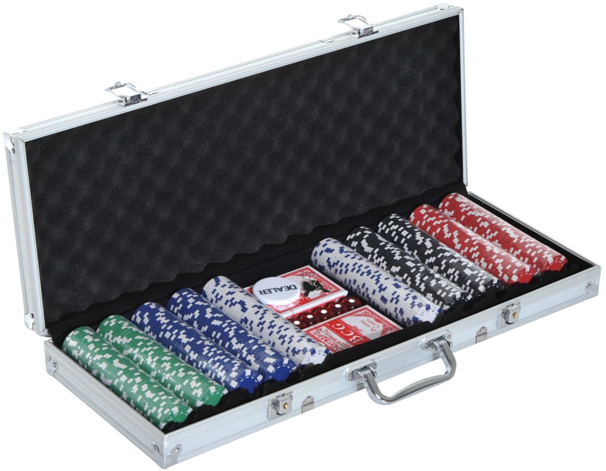 NaevaMi Pokerset - Professioneel - Pokerset Koffer - Inclusief Speelkaarten, Dobbelstenen en Dealerbutton - Speelkaarten Volwassenen - Mancave Decoratie - Aluminium Koffer - Poker fiches 500st