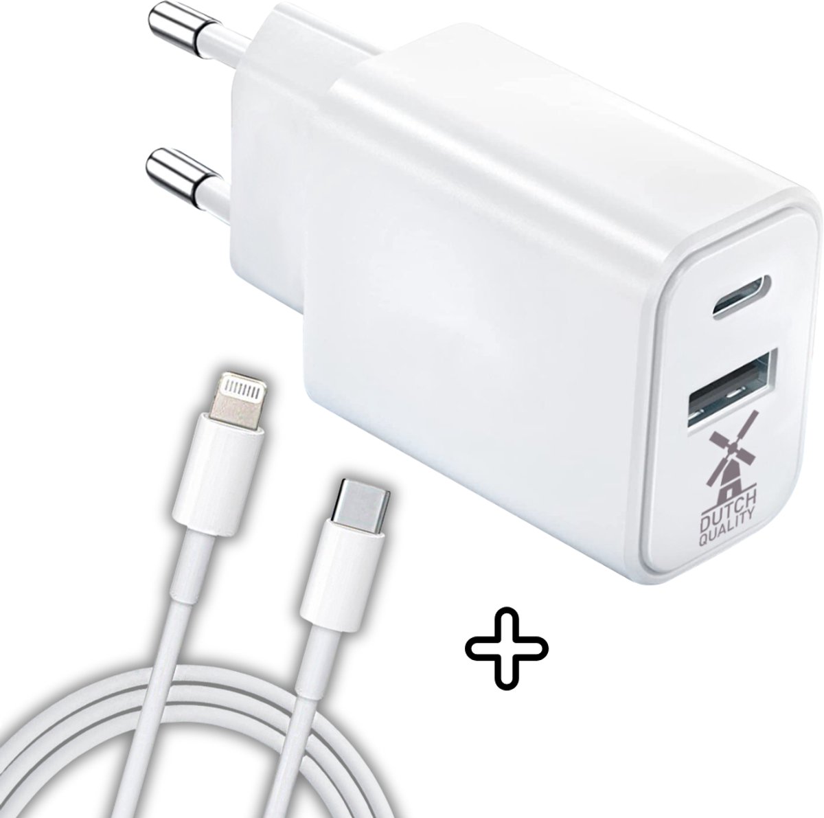 Dutch Quality® USB C Adapter - Oplader - Snellader Stekker - 20W - Incl. kabel geschikt Voor Apple iPhone 14/13/12/10 – Oplaadblok USB - Wit - inclusief oplader kabel 1 meter van USB-C naar lightning