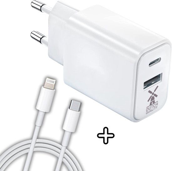 Adaptateur USB C - Chargeur - Prise de chargeur rapide Convient pour Apple iPhone 8/X/XS/XR/11/12/13/14/15/SE/Mini/Pro/Max – blanche - avec câble de chargeur Lightning de 1 mètre vers USB-C