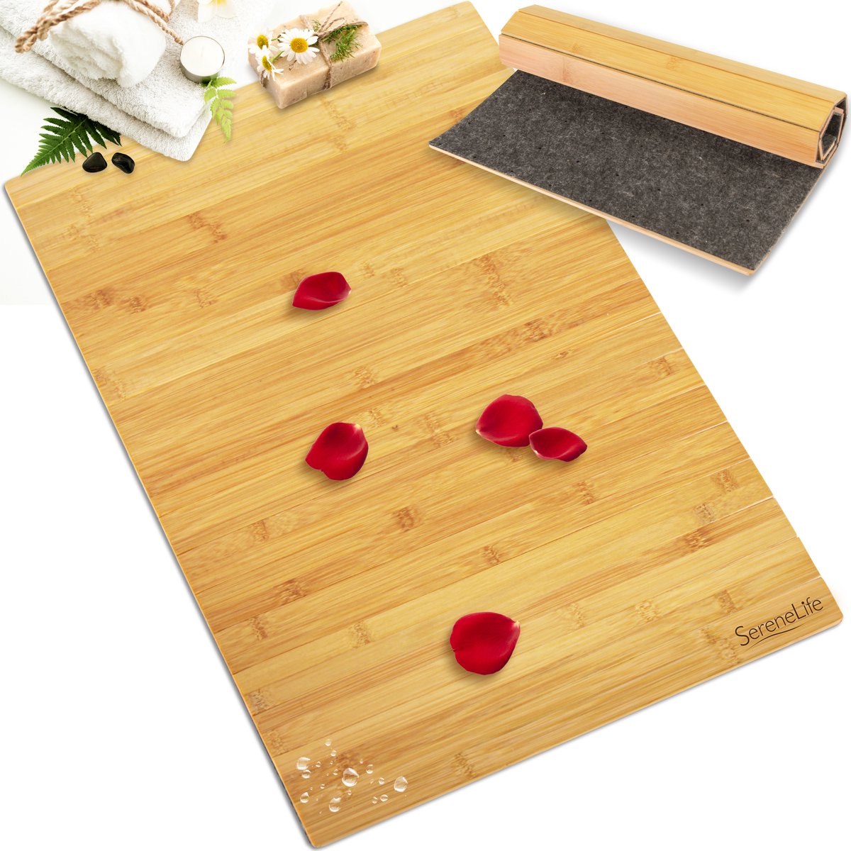 SereneLife Bamboe Badmat – Waterbestendig – Vloermat voor Badkamer en Douche – Oprolbaar – Antislip