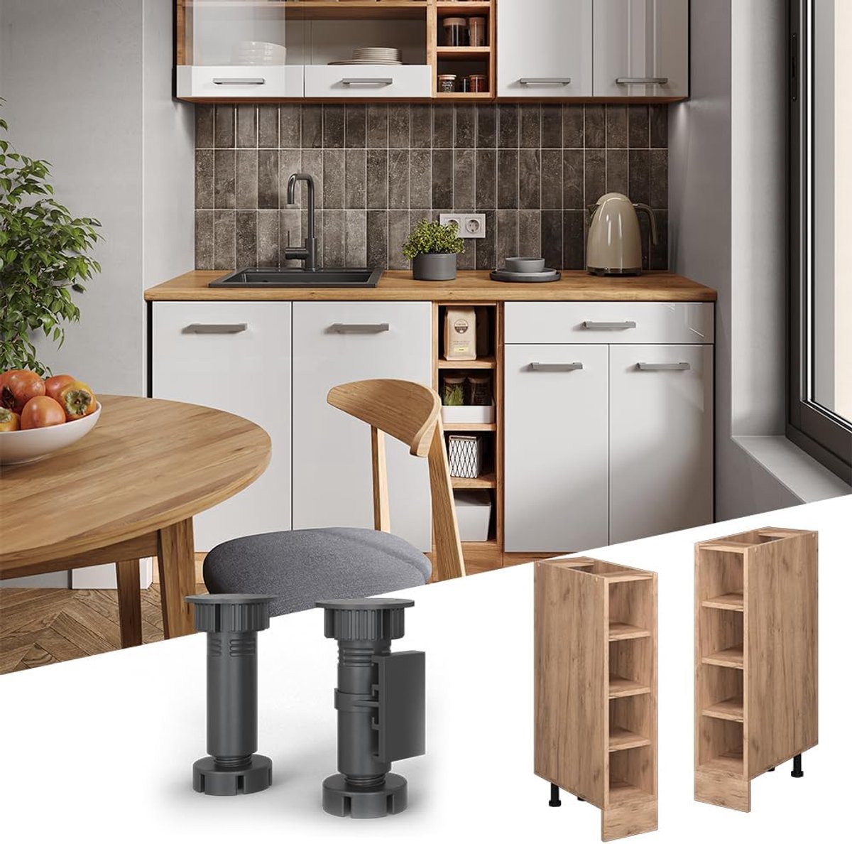Luxe Keukenrek “R-Line Gold Oak” – Smal Keukenkastje met Open Planken – Moderne Keuken Organizer – 81,5 cm Hoog – Industriële Houten Opbergkast – Goud Eiken – Duurzaam & Elegant Design