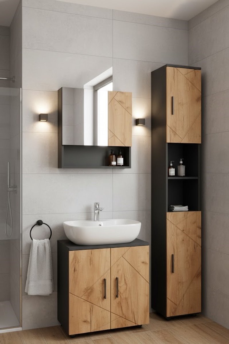 Luxe Badkamermeubelset “Irma Deluxe” – Antraciet / Eiken – 3-Delige Set met Spiegelkast, Wastafelonderkast & Hoge Kast – Modern Design – Stijlvolle Opbergmeubels voor Badkamer – 80x60 cm – Onderkast, Kast & Spiegelkast