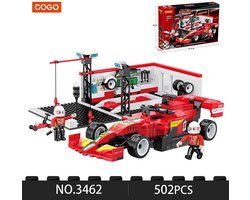 COGO Raceauto Garage Bouwset 3462 – 502 Onderdelen – Raceauto & Werkplaats – 2 Minifiguren – Bouwspeelgoed vanaf 6 Jaar
