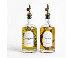 Orzen olie- en azijnflessen dispenser set - met gouden schenktuit, NL witte labels, trechter en stift - oliefles - inhoud 500 ml