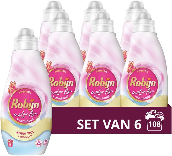 Robijn - Vloeibaar Wasmiddel - Wol & Fijn - 6 flessen - 108 wasbeurten - Voordeelverpakking