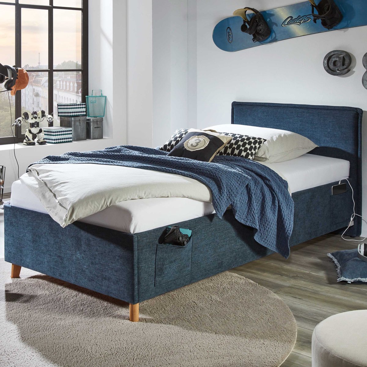 Kofferbed Ollie | 120 X 200 Cm | Blauw Design - Meise - Eenpersoons Gestoffeerd Bed - Blauw - Stof Twijfelaar (120 Cm Breed) Normaal Bed
