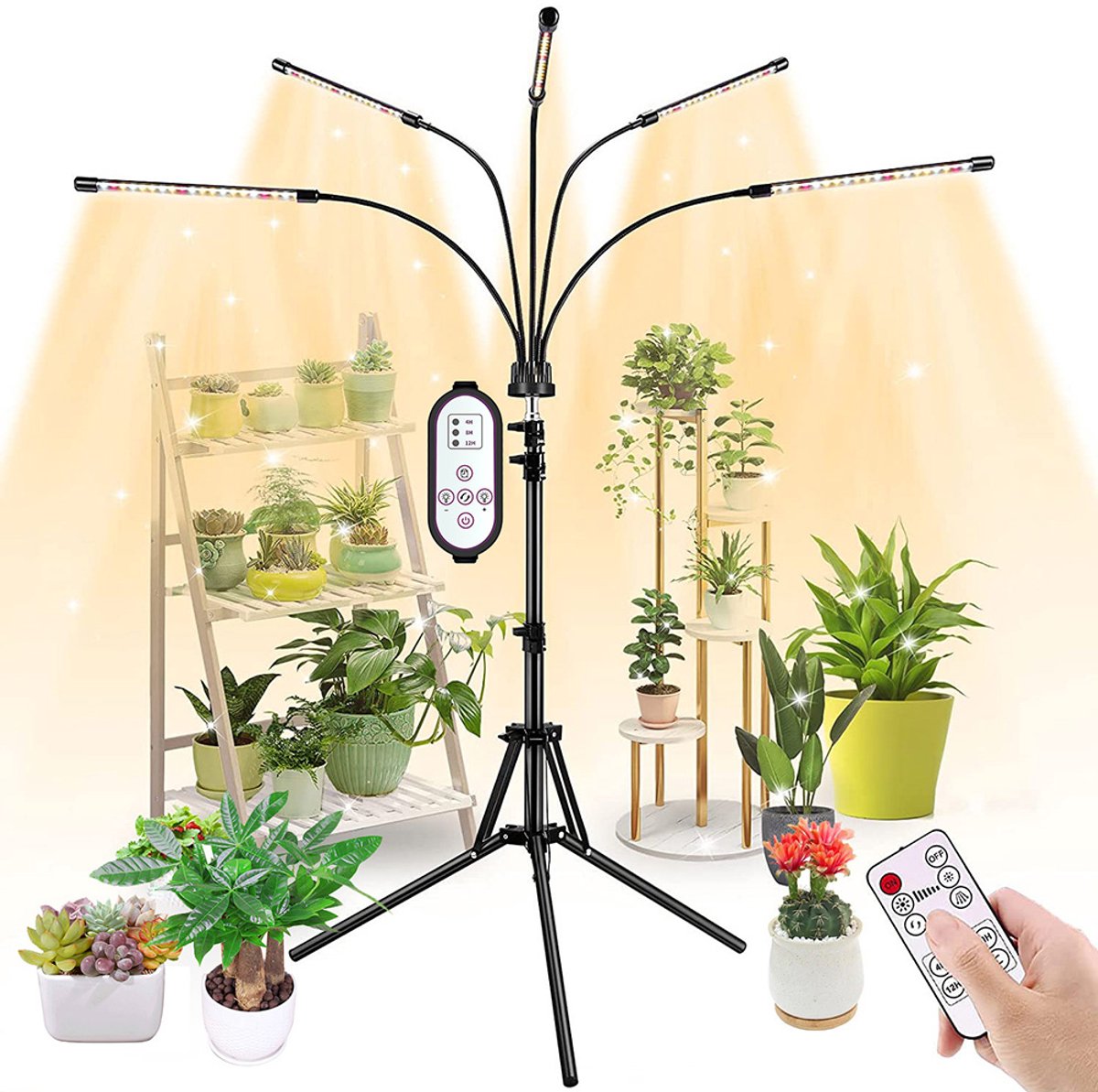 Rosnek Kweeklamp Full Spectrum 5 Koppen - LED Groeilamp met Afstandsbediening - Verstelbaar Statief 50-150 cm & 360° Flexibele Arm - Timer 4/8/12u - 10 Dimstanden voor Binnenplanten