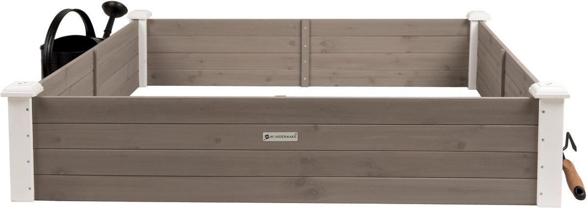 WONDERMAKE® Grote verhoogde bedrand van hout voor tuinterras, plantenbedset XL vierkant, bloembed kruidenbedrand laag decoratief, 120 x 120 x 26,5 cm, witgrijs antraciet