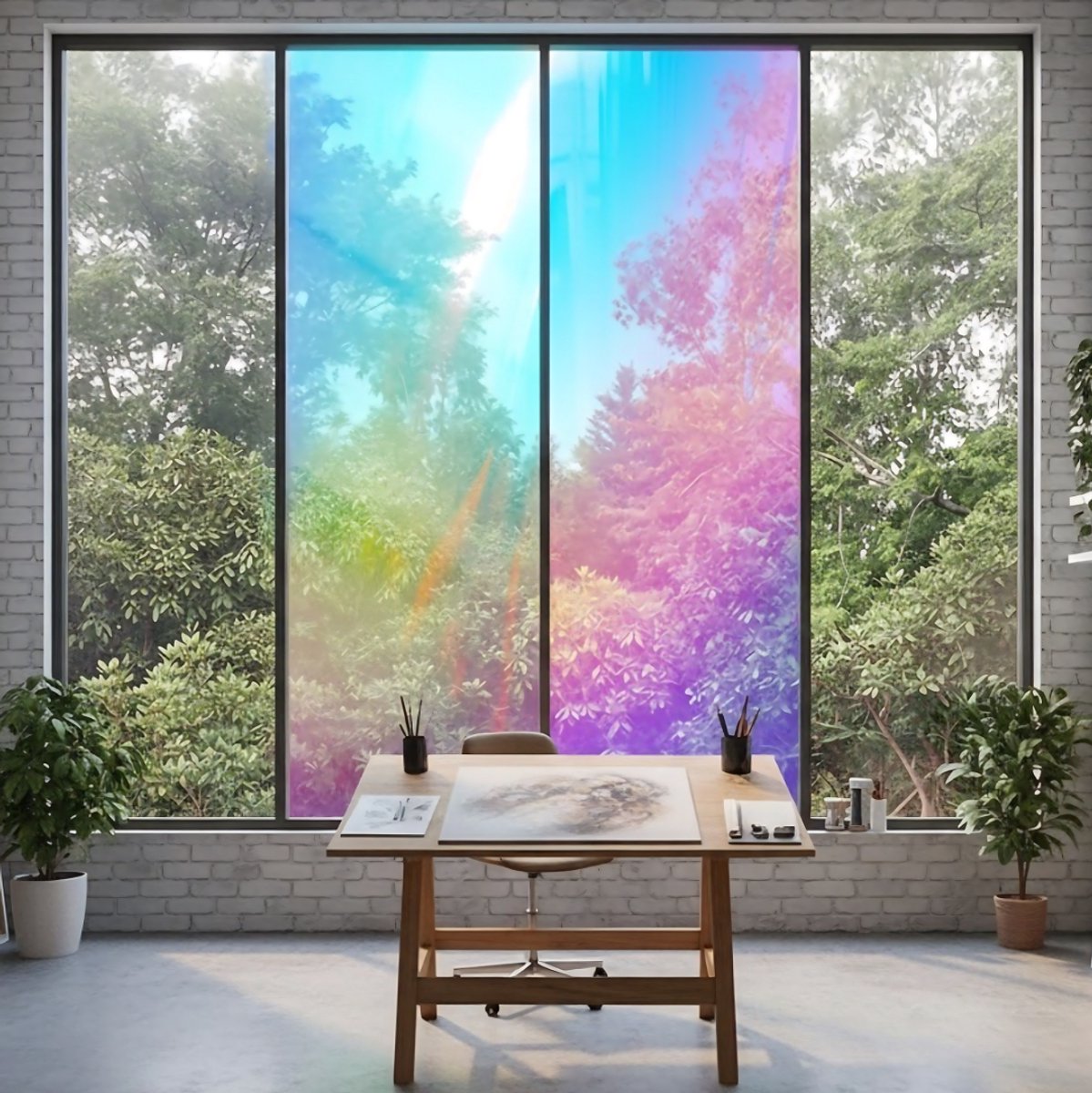 DOWELL Regenboog Raamfolie 30 x 200cm Privacy Glas-in-Lood Zelfklevende 3D Statische Window Film, Verwijderbare Decoratieve Raamsticker met Regenboogeffect, Anti-UV Zonwering voor Thuis en Kantoor