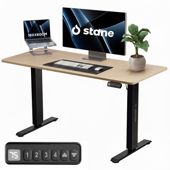 Stane Zit Sta Bureau Elektrisch Verstelbaar - 4 Geheugen Standen - Incl. Kabelgoot - 160 x 80 cm - Eiken