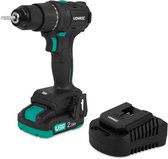 Zwarte VONROC accuboormachine met groene accenten en een 20V 2.0Ah accu.
