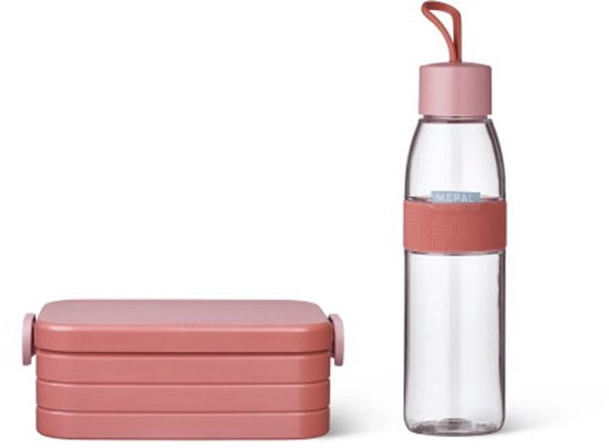 Boîte à lunch rose empilable 'midi' à côté d'une bouteille d'eau transparente aux accents roses.