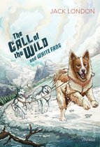 Boekomslag met Jack London's 'The Call of the Wild and White Fang'. Een slee spant honden voort door sneeuw, met bergen op de achtergrond.