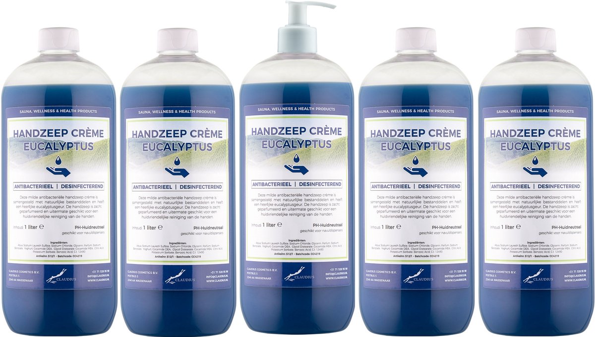 Handzeep Crème Eucalyptus 1 liter - set van 5 stuks - met gratis pomp - Voordeelverpakking