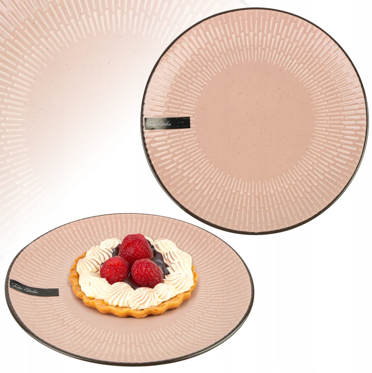 Roze Keramisch Dessertbordje met Streepjespatroon - 19 cm