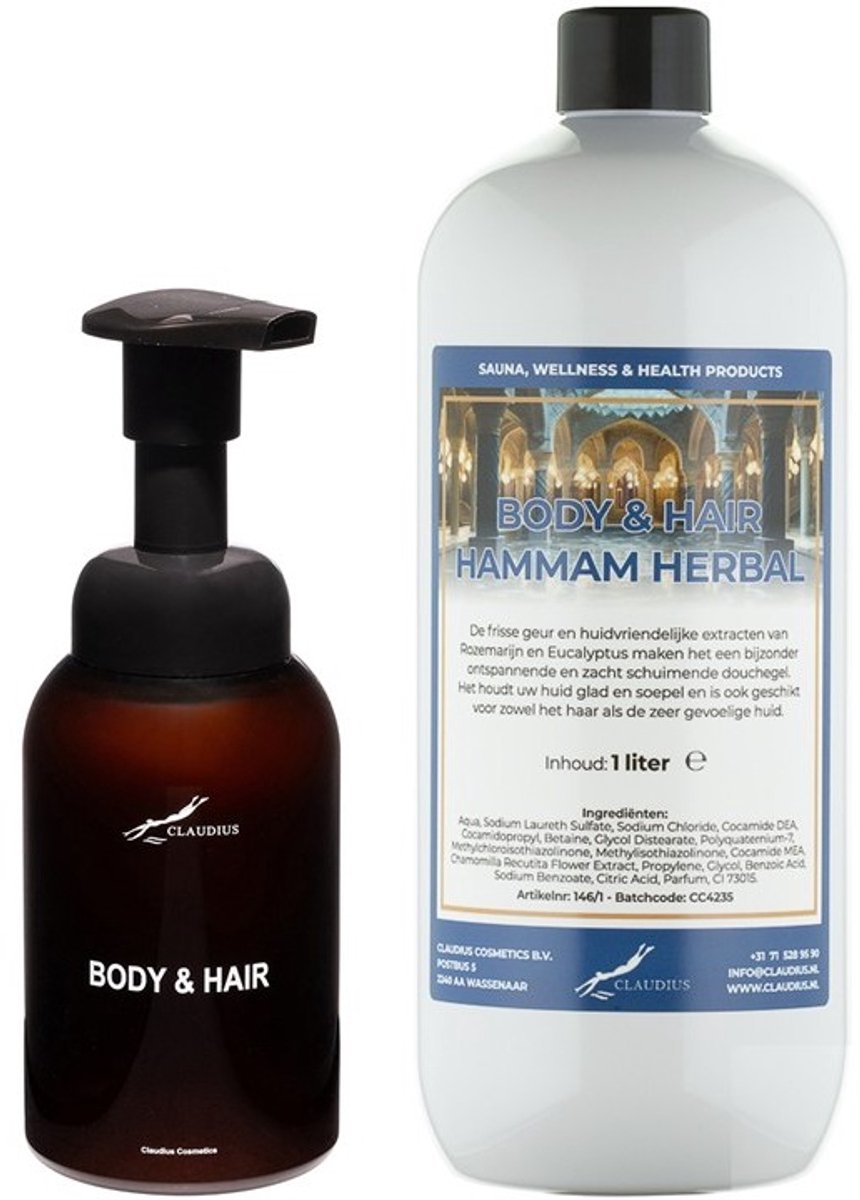 Zeepdispenser 300 ml amber bruin hervulbaar + 1 liter Body & Hair Hammam Herbal navulling