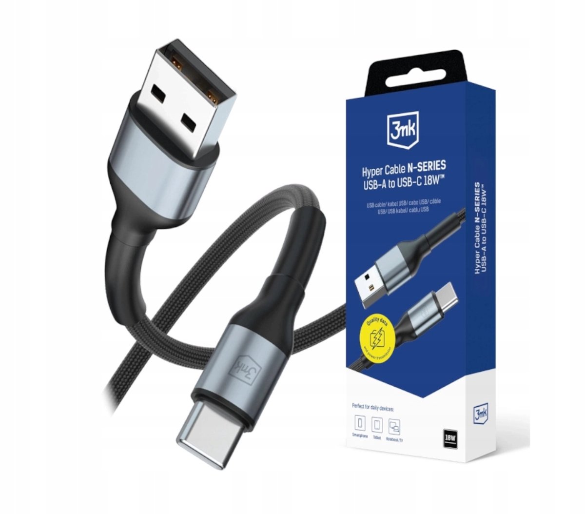 3mk Hyper N-SERIES USB-A naar USB-C Kabel 18W PD 1m Zwart
