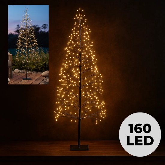 Un sapin de Noël fin et haut avec 160 LED blanc chaud, sur un pied carré noir.