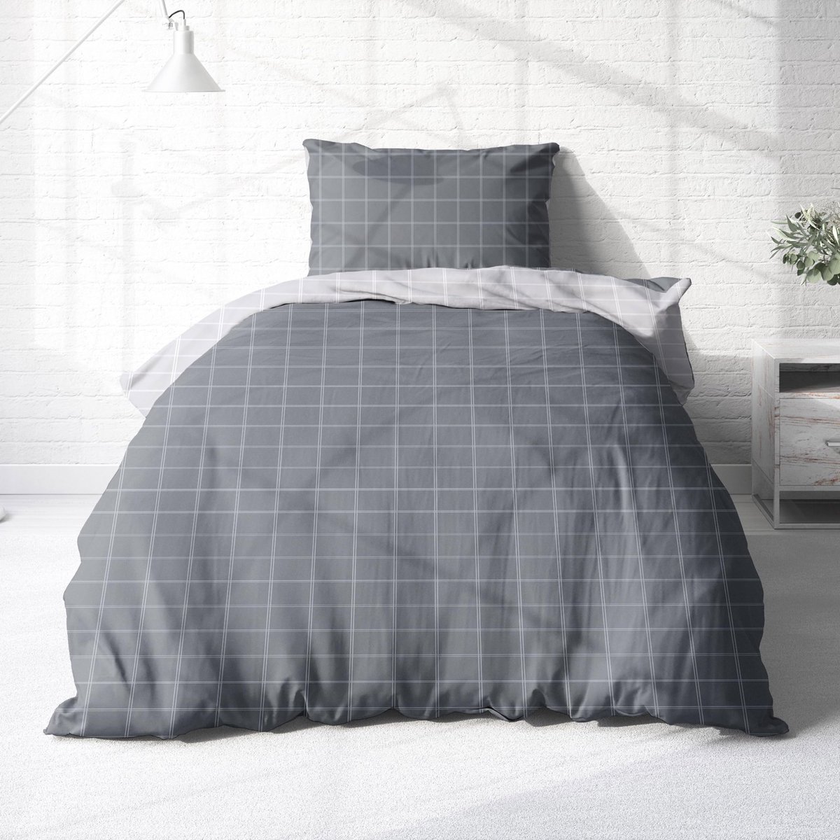 Unyqoos Zachte en Ademende Bedset met Ruitdesign van Flanel Katoen voor de Winter Grijs