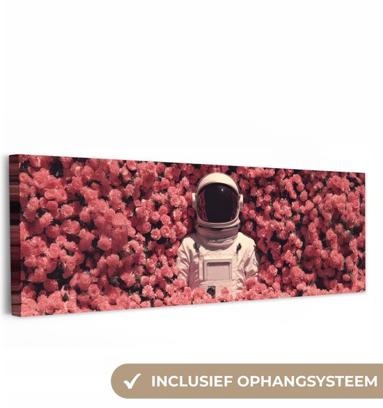 Canvas schilderij 300x100 cm - Exclusieve wanddecoratie Bloemen - Roze - Astronaut - Muurdecoratie woonkamer - Slaapkamer decoratie - Kamer accessoires - Schilderijen op canvas