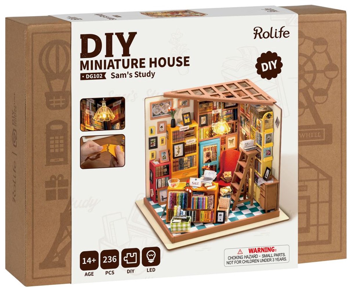 Robotime modelbouw Miniatuur bouwpakket Sam's Study hout/papier/kunststof - 190mm hoog x 225mm breed x 185mm diep - met lampje — afbeelding 8