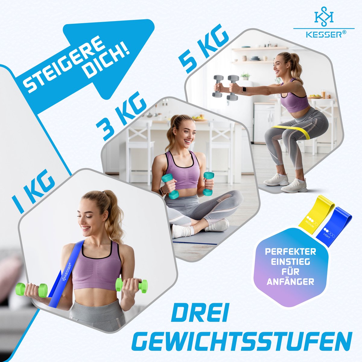 KESSER® Dumbells Set 3 Paren (2x 1, 2 & 5kg) = 18 kg totaal | 6x Dumbbells verstelbaar Geschikt voor Fitness Zumba & Aerobics | Halters Gewichten Set met Standaard | Halterset met oefeningenboekje, 2x fitnessbanden – foto 8