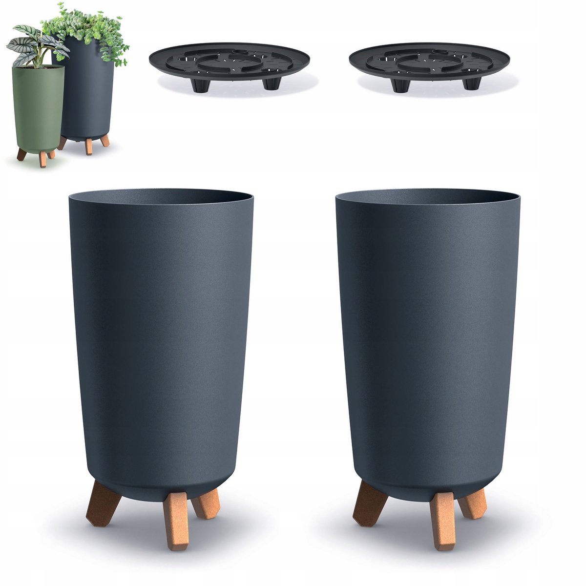 2x Gracia Pot met Houten Poten - Antraciet - Diameter 24cm