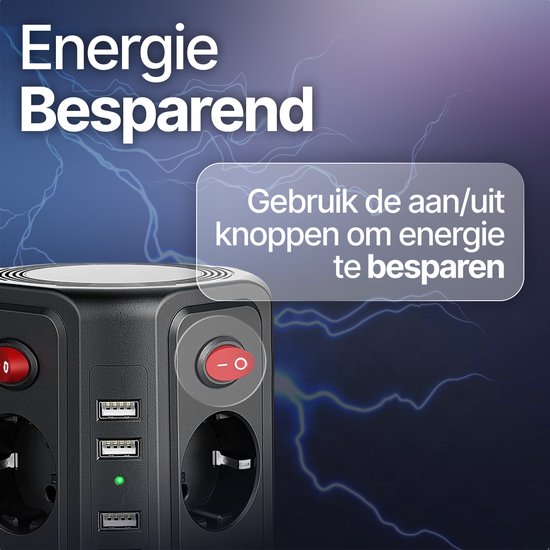 Zwarte stekkerdoos met stopcontacten en USB-poorten, met rode aan/uit schakelaar en tekst over energiebesparing.