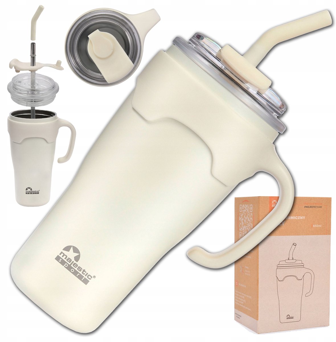 Majestic Sport Jelly Thermosbeker 650ml met Rietje & Handvat - Wit