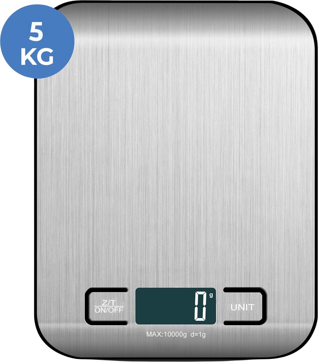 Bol.com Keukenweegschaal - Digitale Keukenweegschaal - 1G tot 5KG - Inclusief batterijen - LCD-Scherm - Tarra functie - Zilver aanbieding