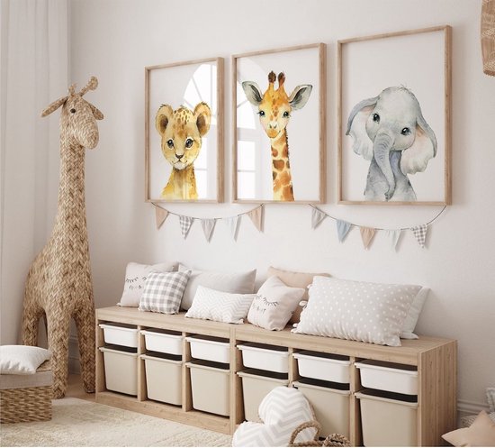 Set d'affiches chambre d'enfant - 3 pièces - 30x40 cm - Animaux Safari - Girafe - Lion - Éléphant - Poster enfant - Chambre de bébé - Cadeau Baby Shower - Décoration murale - Décoration murale