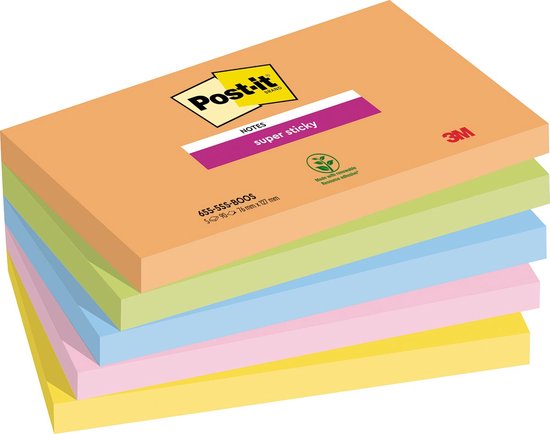 Post-it Super Sticky Notes Boost, 90 feuilles, pi 76 x 127 mm, couleurs assorties, paquet de 5 blocs