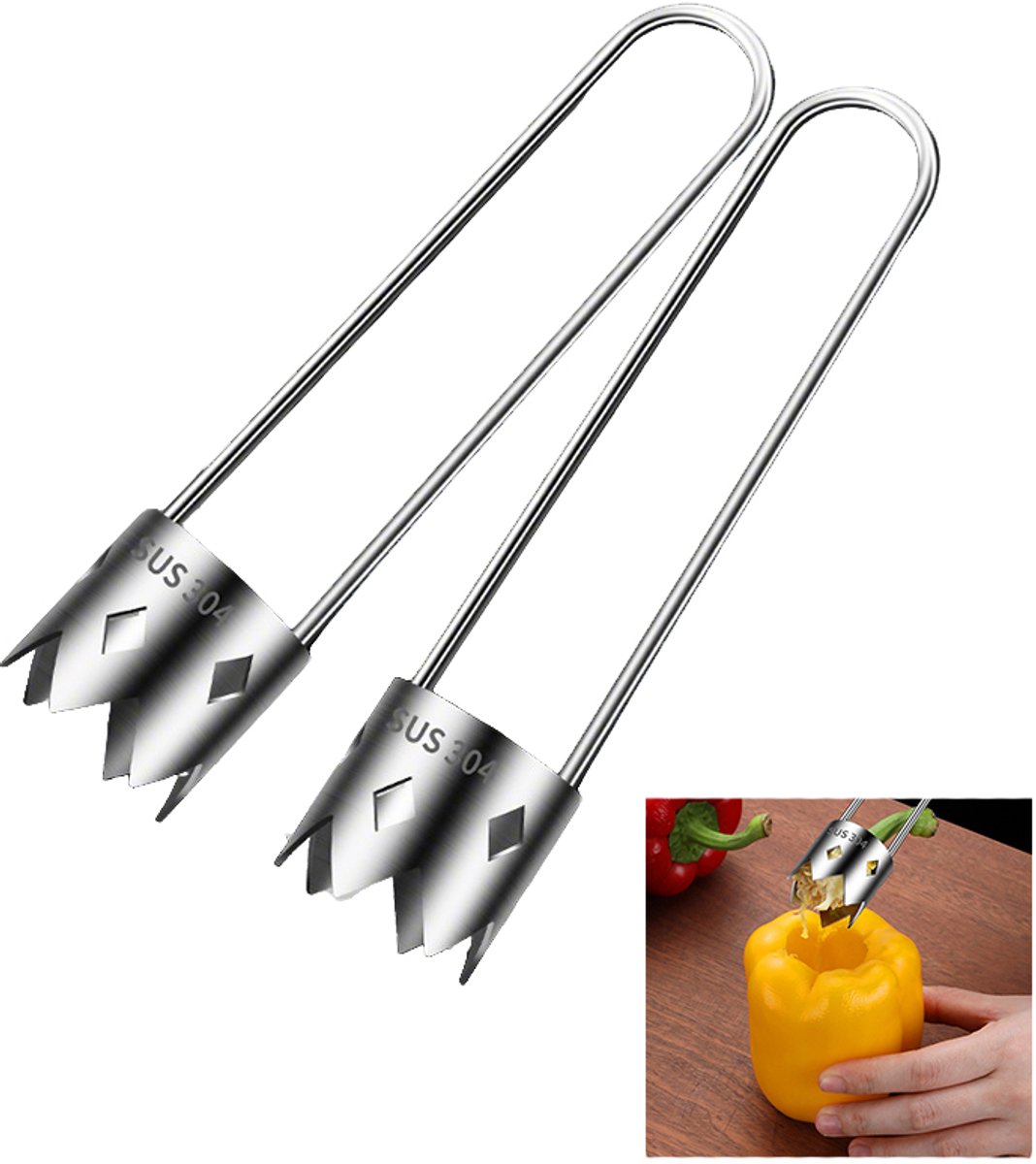 2-stuks Fruitontpitmachine van roestvrij staal - Rode paprika zaadverwijderaar - Groentezaadverwijderaar - Multifunctionele zaadverwijderaar - Kitchen Aid Tool - Geschikt voor appels, peren, paprika's, ananas en groenten - Zilver