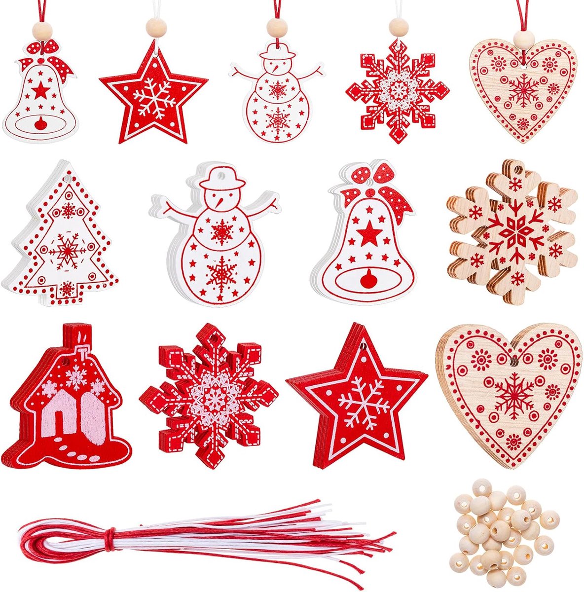 Set van 24 Houten Kerstboom Hangers – Rode & Witte Houten Kerstdecoraties met Touw en Kralen | Kerstversiering voor Boom & Cadeaus