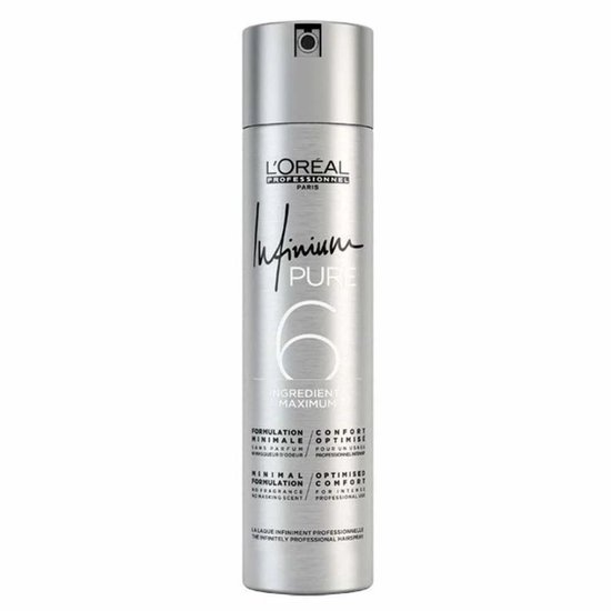 Zilverkleurige spuitbus L'Oréal Professionnel Infinium Pure, 300ml.