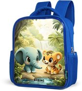 NoBoringSuitcases.com® - Rugzak blauw - Schooltas jongens - Olifant - Tijger - Bos - Jungle - Kinder rugtas jongen - Boekentas kind - Kinderrugzak voor school - Schoolrugzak