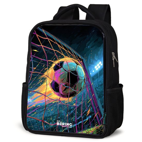 NoBoringSuitcases.com® - Rugzak zwart jongens - Schooltas jongen - NoBoringSuitcases.com® - Rugzak zwart - Schooltas jongen & meisje - Neon - Net - Voetbal - Kleurrijk - Rugtas voor school - Boekentas kind - Schoolrugzak - Kinderrugzak