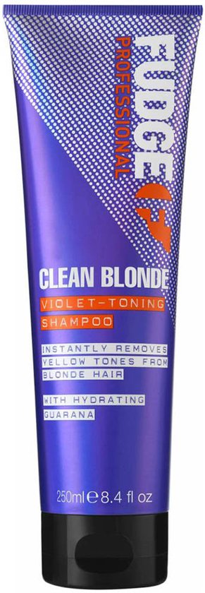 Shampoing déjaunisseur violet Fudge Clean Blonde, tube violet avec texte orange et blanc.